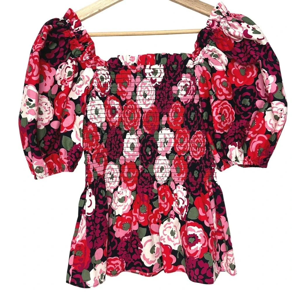 Kate Spade Rosette Blooms Puff Sleeve Smocked Floral Top Red Pink XS